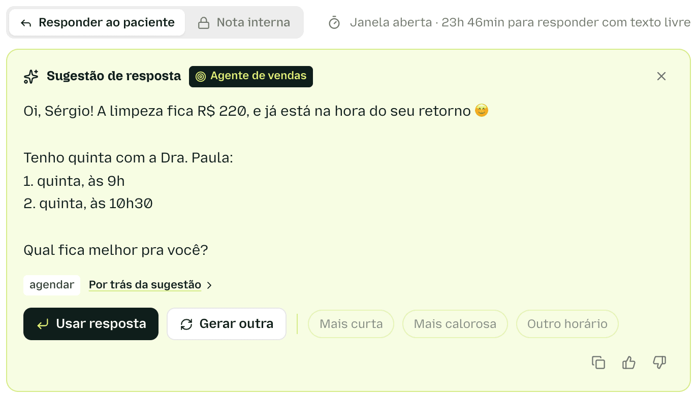 Sugestão de resposta do agente de vendas: “Oi, Sérgio! A limpeza fica R$ 220, e já está na hora do seu retorno”, com dois horários de quinta